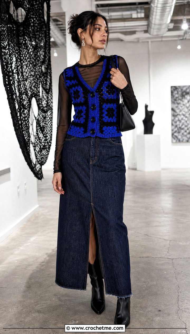 Fitted Waistcoat Granny Square Crochet Vest With Denim Maxi Skirt - 25 Granny Square Crochet Vest outfit ideas