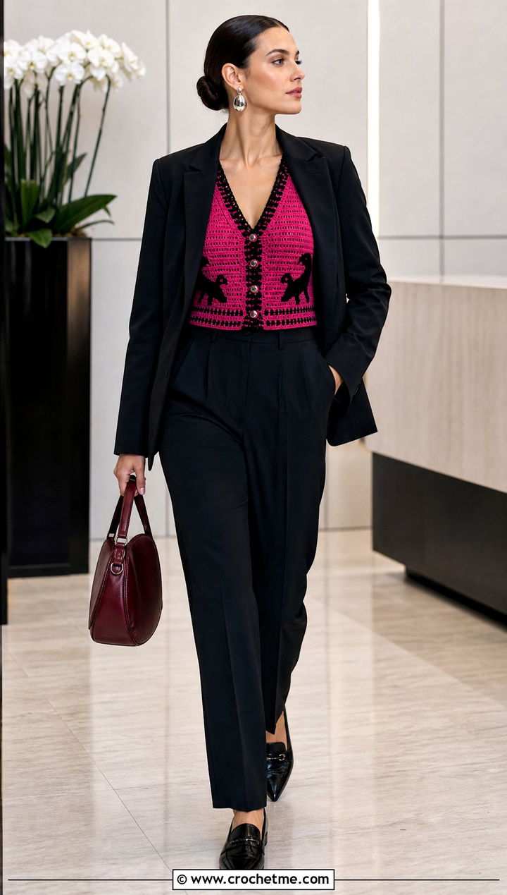 Fitted Wednesday Crochet Waistcoat With Trouser Suit - 30 wednesday crochet vest outfit ideas