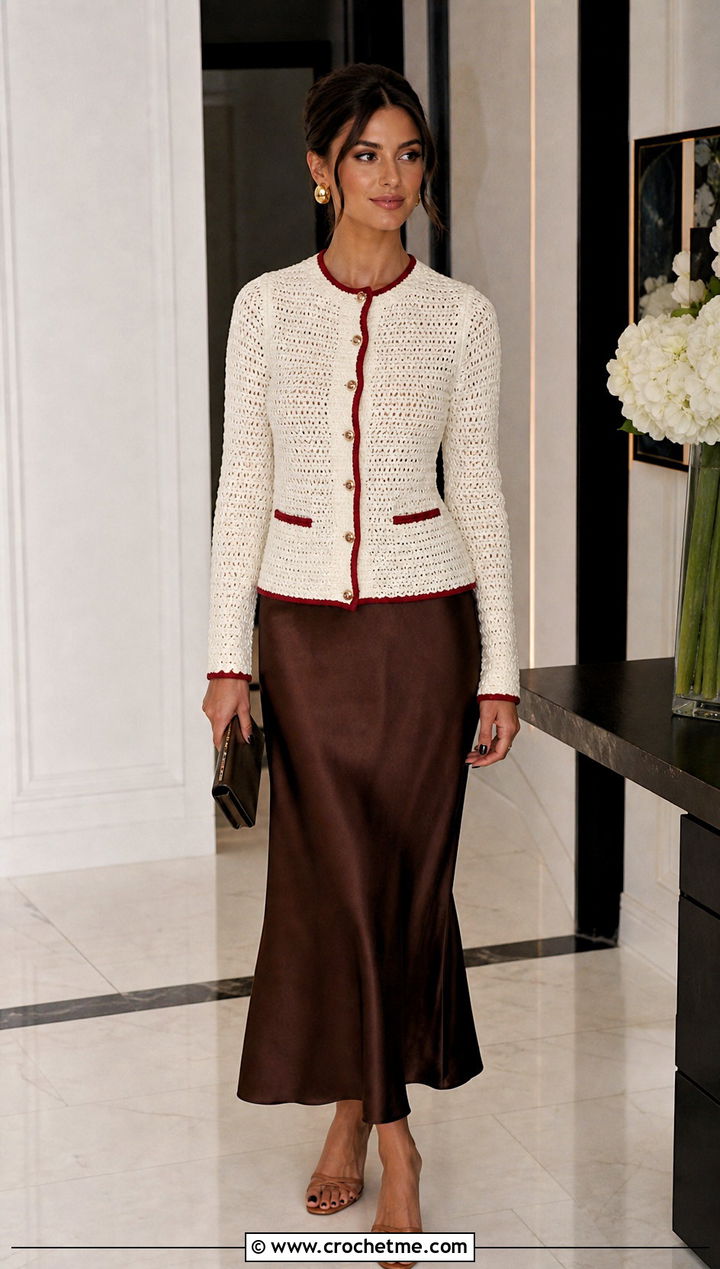 Fitted White Crochet Cardigan With Bias Cut Skirt - 35 crochet white cardigan outfit ideas