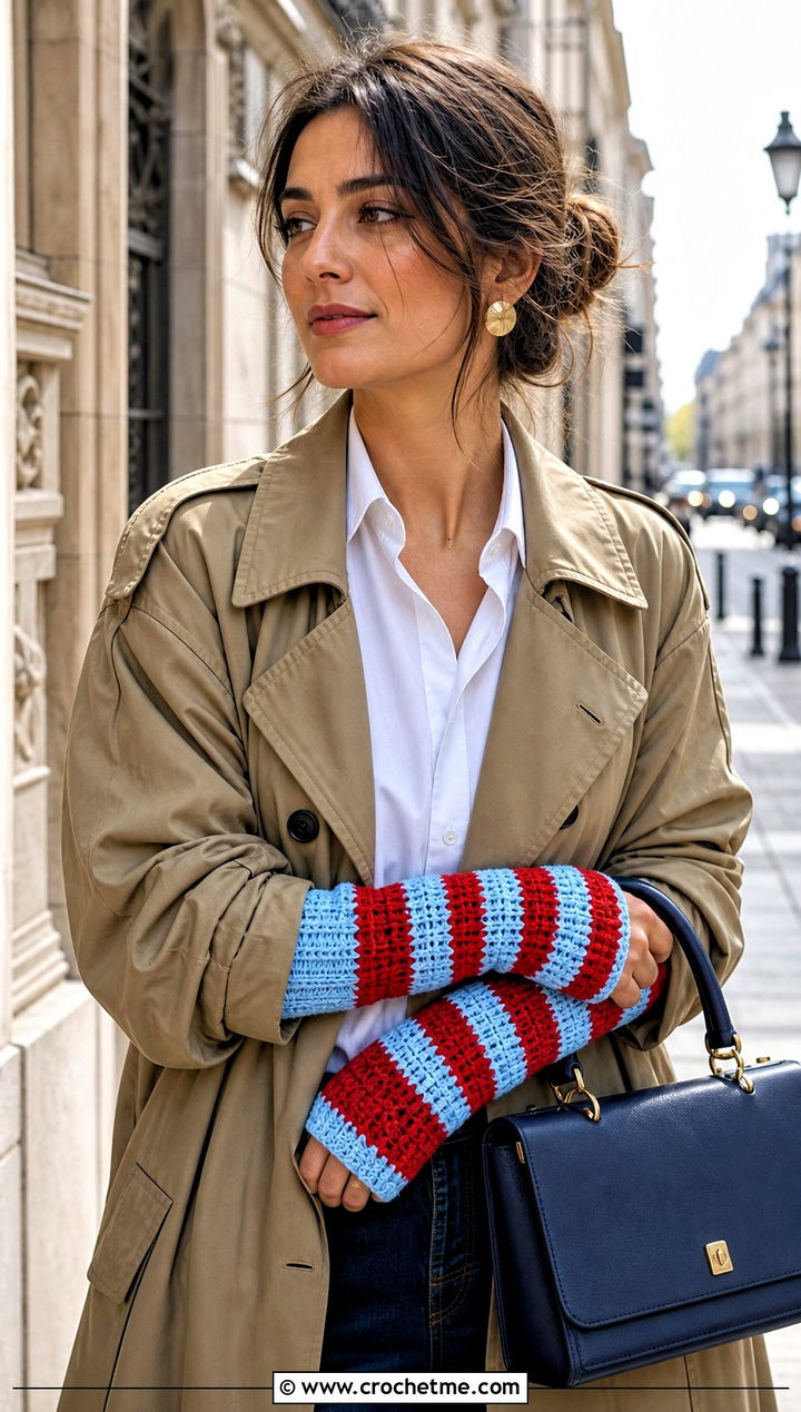 Fitted Wrist To Elbow Striped Crochet Arm Warmers With Trench Coat - 15 Striped Crochet Arm Warmers outfit ideas