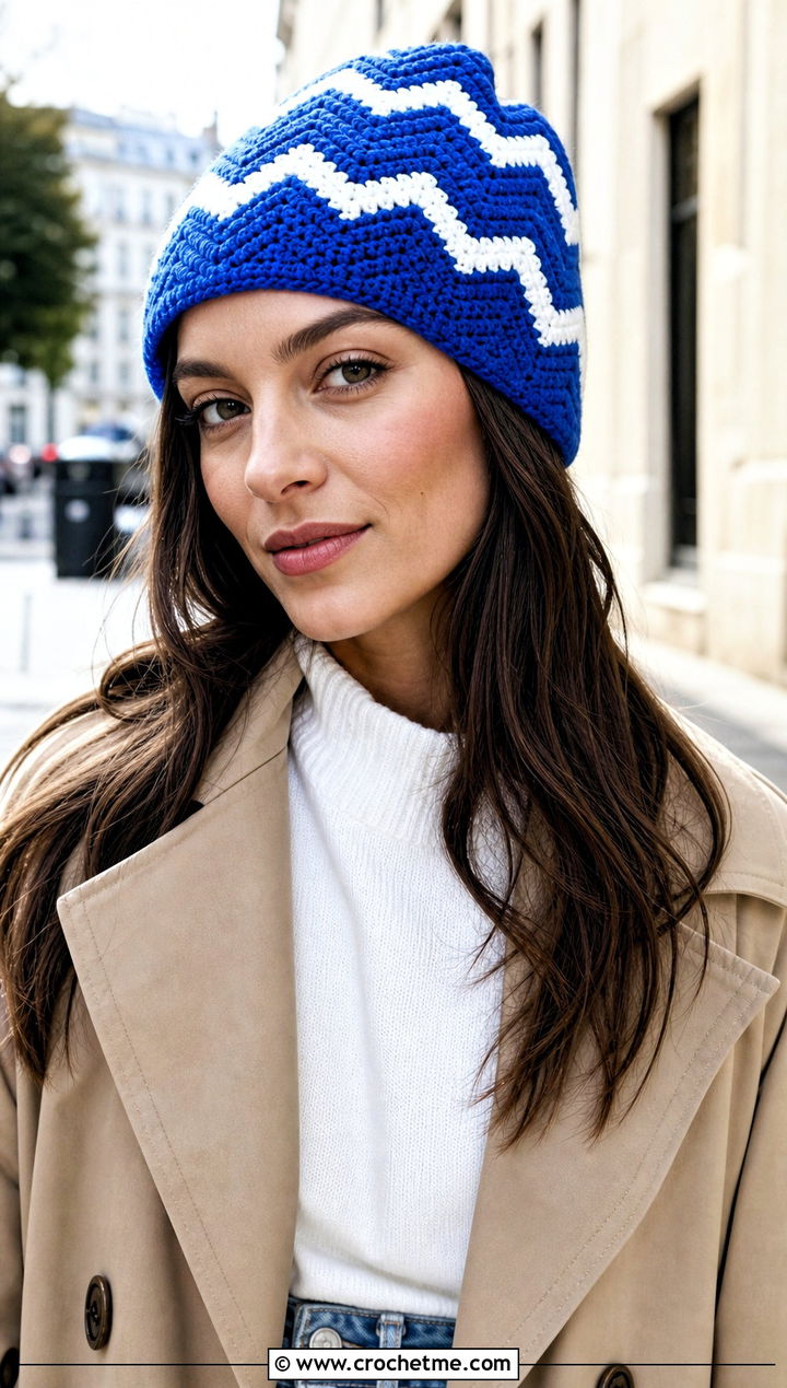Fitted Zig Zag Crochet Beanie With Trench Coat And Jeans - 15 Zig Zag Crochet Hat outfit ideas