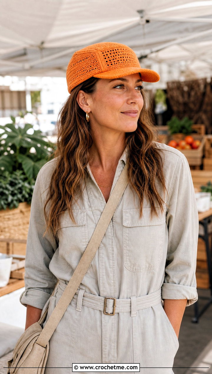 Five Panel Crochet Camp Cap With Utility Jumpsuit - 15 crochet baseball cap for adults outfit ideas