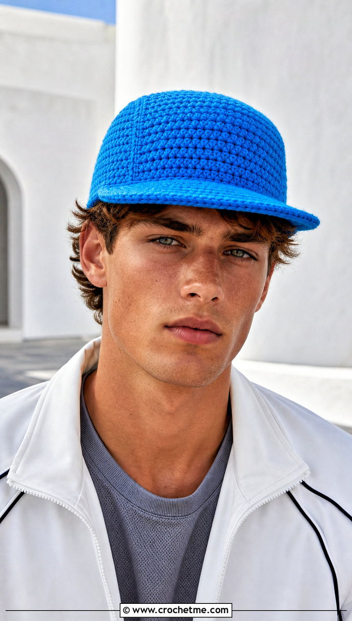 Five Panel Crochet Cap With Track Jacket - 25 crocheted mens hats outfit ideas