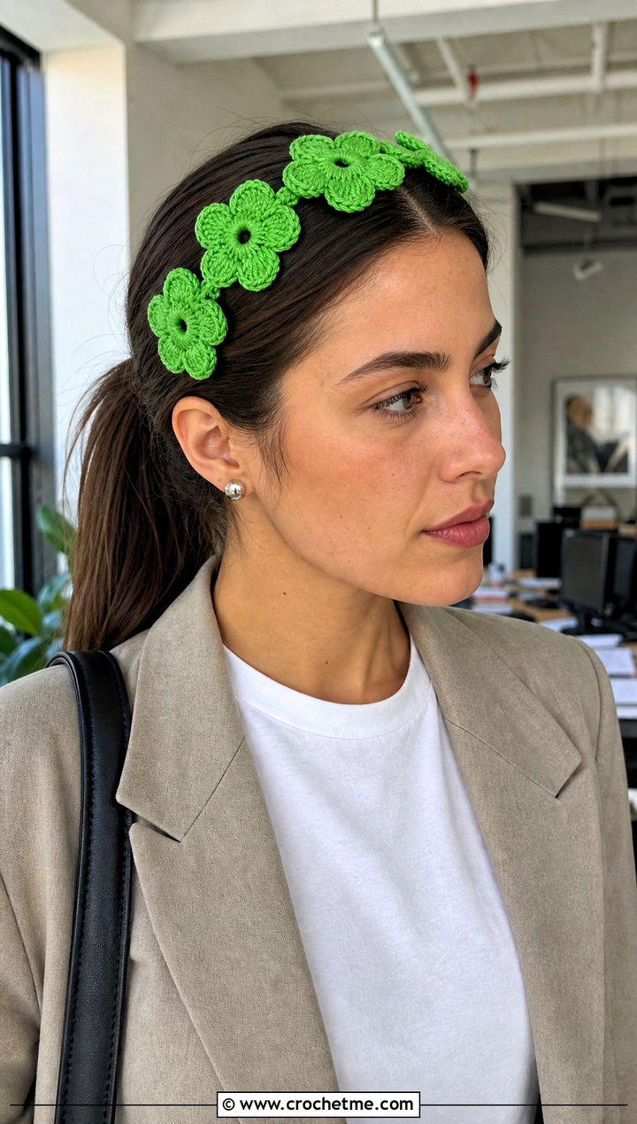 Five Petal Flower Crochet Headband With Blazer And Jeans - 15 crochet headband with flower decoration outfit ideas