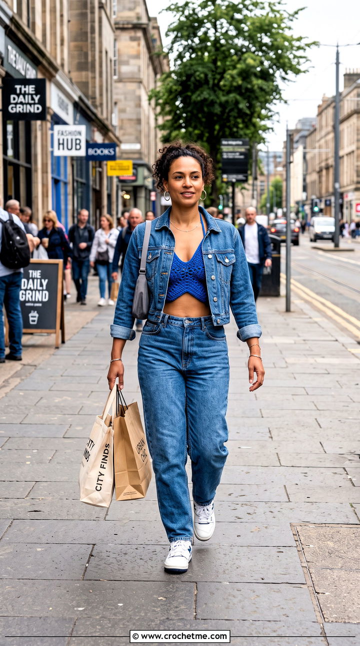 Five Point Crochet Star Bra With Baggy Jeans - 30 crochet star bra outfit ideas