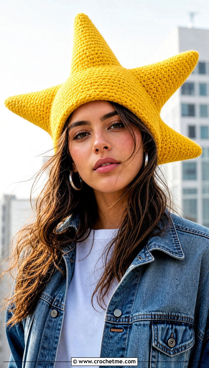 Five Point Crochet Star Hat With Denim Jacket - 25 crochet star hat outfit ideas