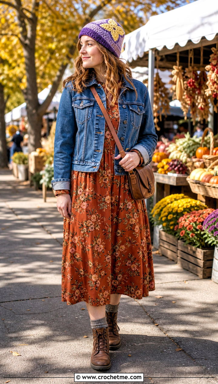 Five Point Star Beanie With Midi Dress - 35 crochet star beanie outfit ideas