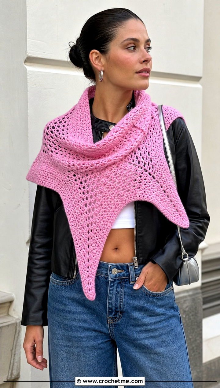 Five Point Star Crochet Shawl With Leather Jacket - 30 star crochet shawl outfit ideas