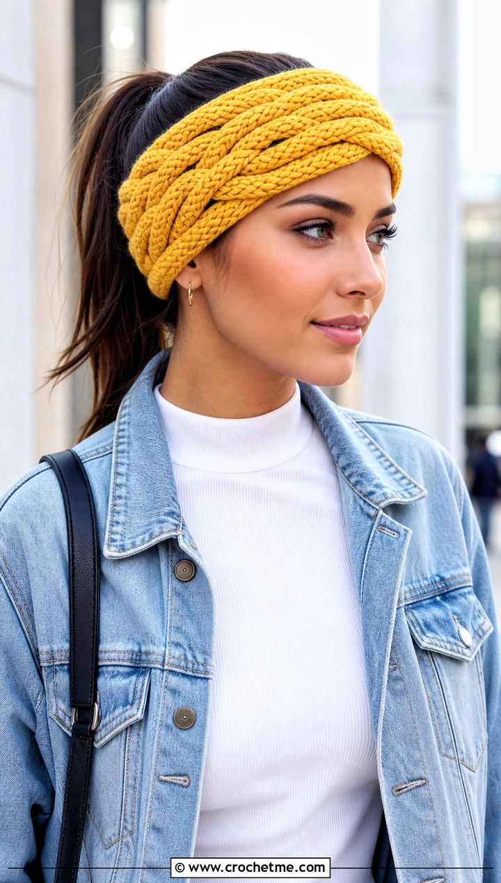 Five Strand Braided Crochet Ear Warmer With Denim Jacket - 25 Diy Crochet Headband Ear Warmers outfit ideas