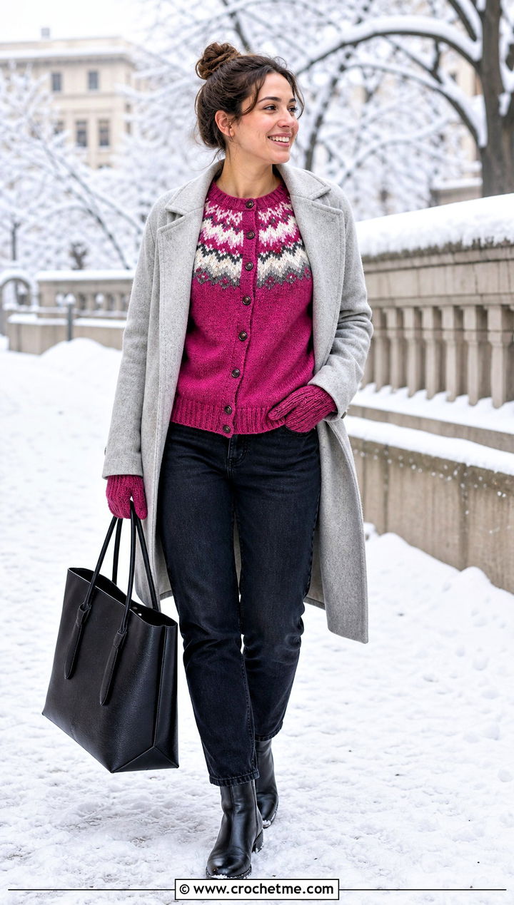 Fjell Round Yoke Cardigan With Wool Coat And Jeans - 15 Crochet Mountain Sweater outfit ideas