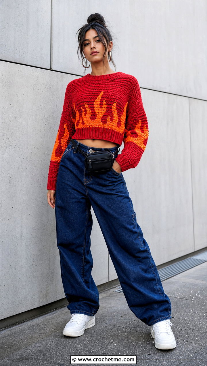 Flame Crochet Graphic Sweater With Baggy Jeans - 30 crochet graphic sweater outfit ideas