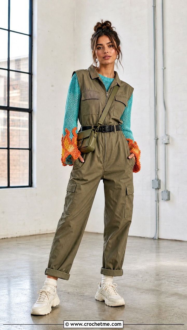 Flame Cuff Crochet Fire Sweater With Utility Jumpsuit - 25 Crochet Fire Sweater outfit ideas