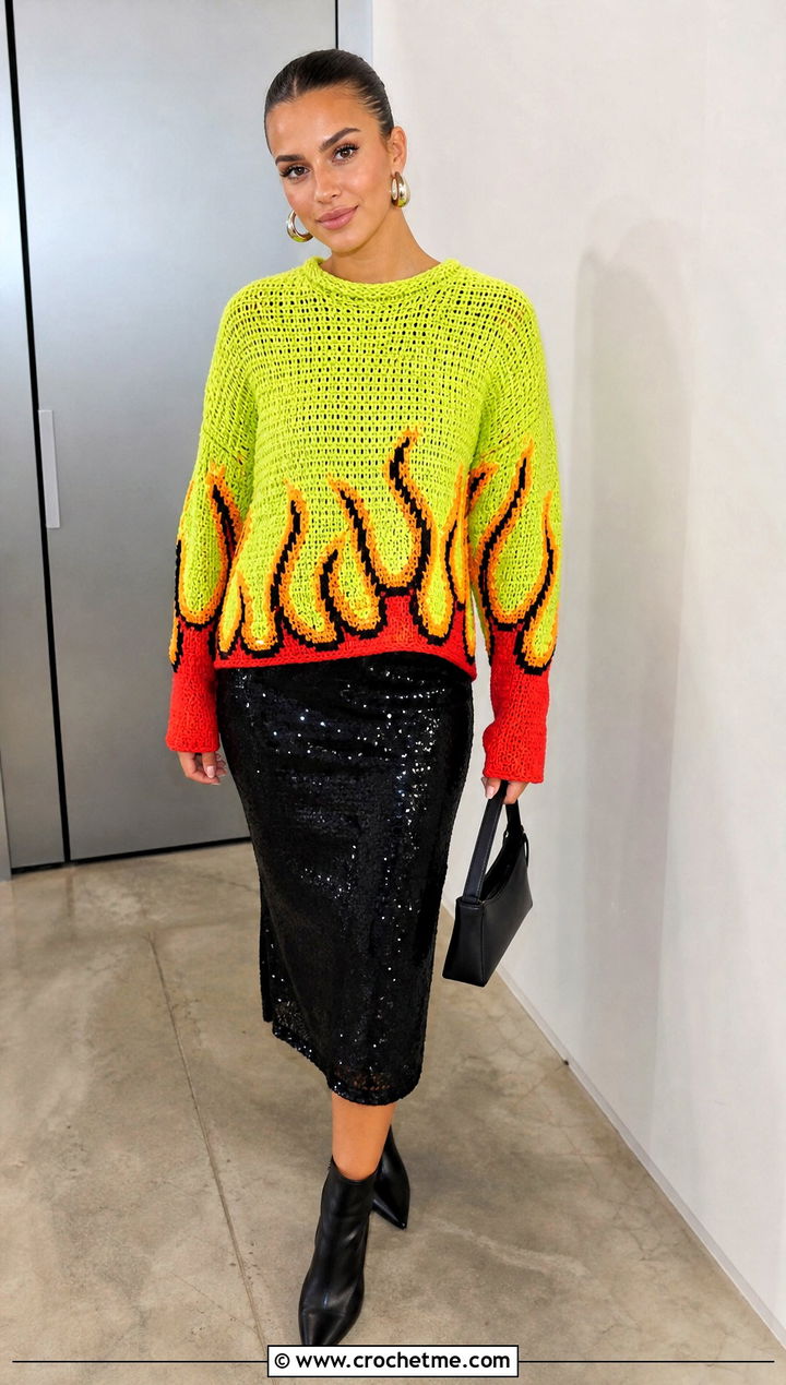 Flame Motif Tapestry Crochet Sweater With Sequin Skirt - 30 tapestry crochet sweater outfit ideas
