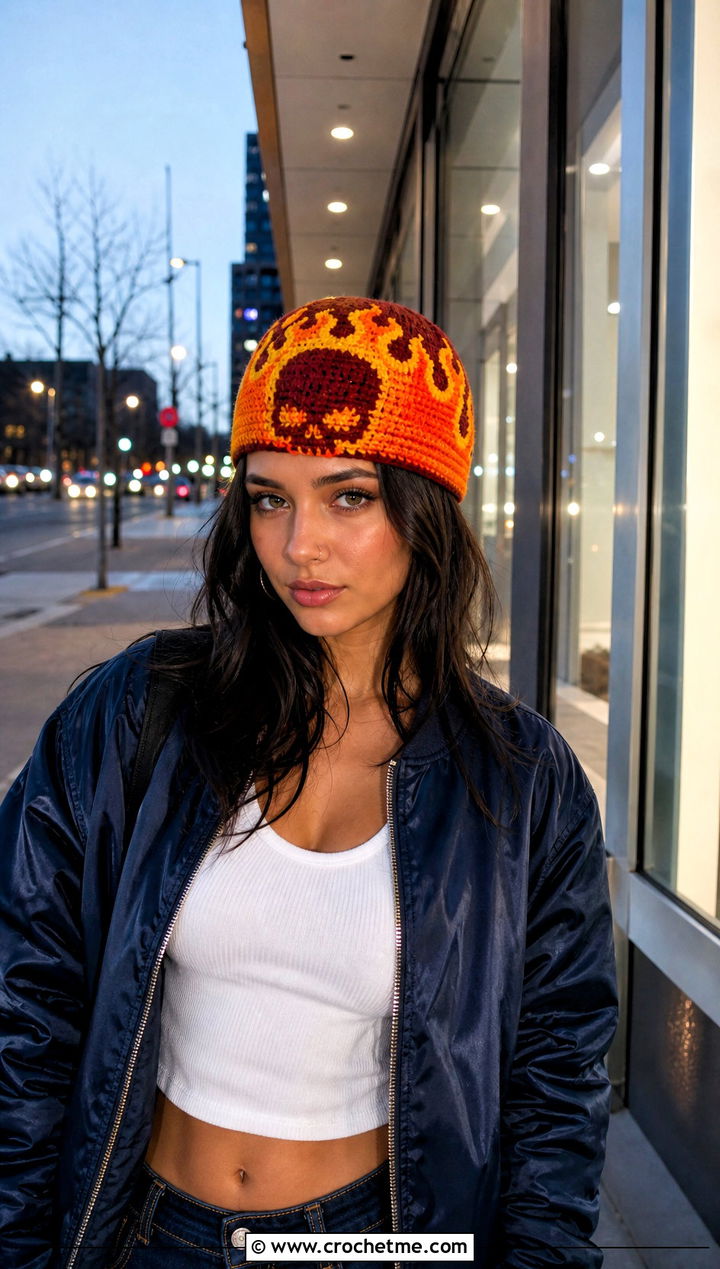 Flame Skull Crochet Beanie With Bomber Jacket - 30 crochet skull beanie outfit ideas