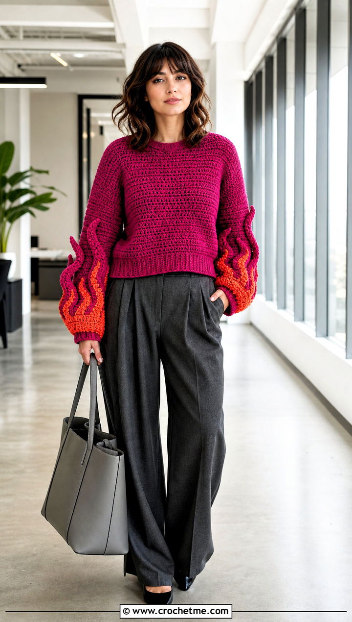 Flame Sleeve Crochet Fire Sweater With Tailored Trousers - 25 Crochet Fire Sweater outfit ideas