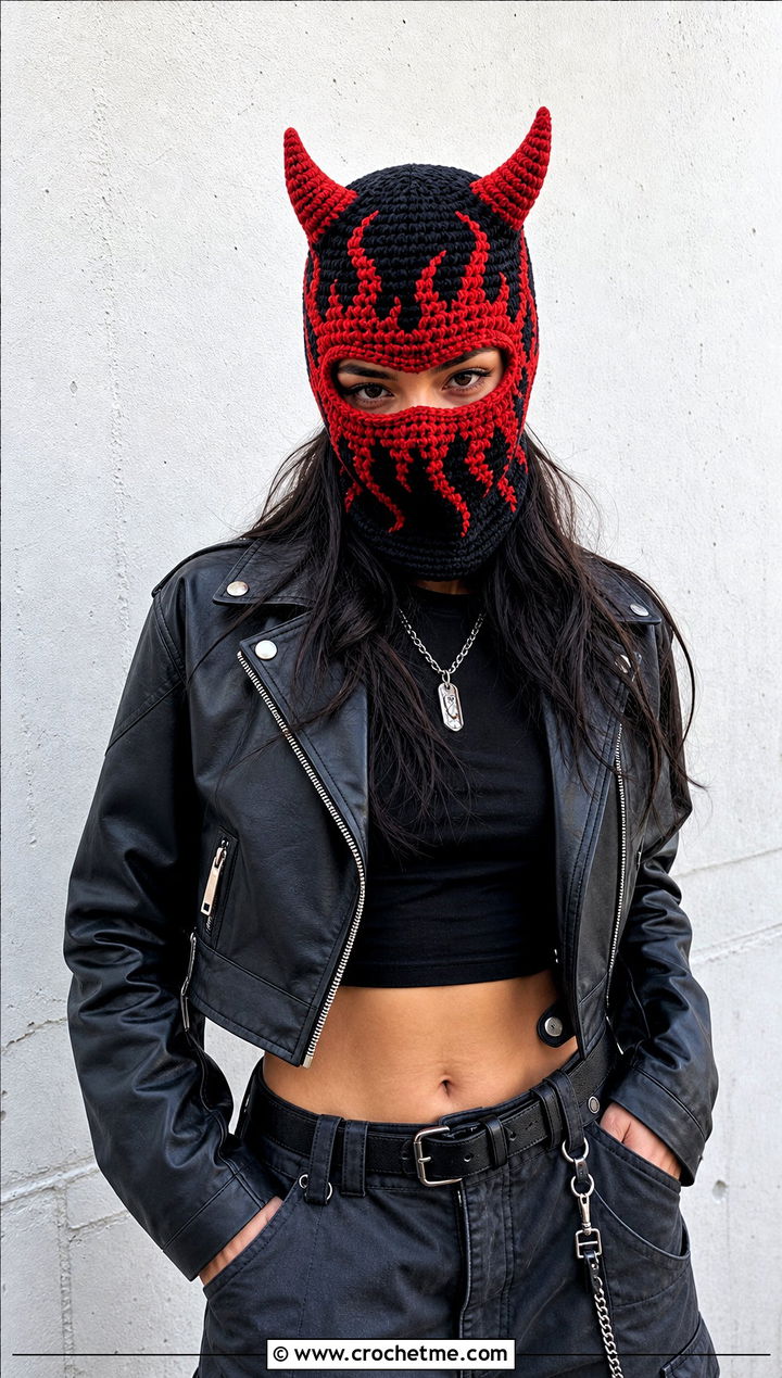 Flame Stitch Crochet Devil Horn Balaclava With Moto Jacket - 20 crochet devil horn balaclava outfit ideas