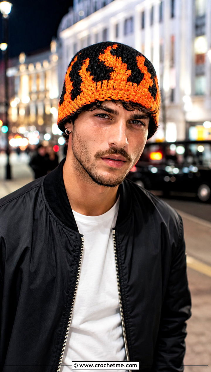Flame Stitch Crochet Hat With Bomber Jacket - 30 male crochet hat outfit ideas