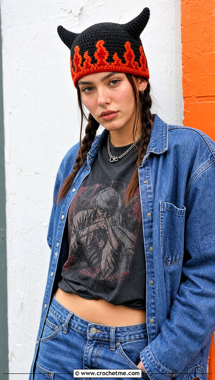 Flame Stitch Horn Hat With Graphic Tee - 30 crochet hat with horns outfit ideas
