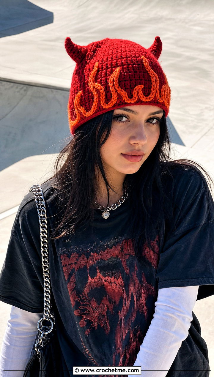 Flame Stitch Horned Beanie With Skate Outfit - 20 Crochet Horned Beanie outfit ideas