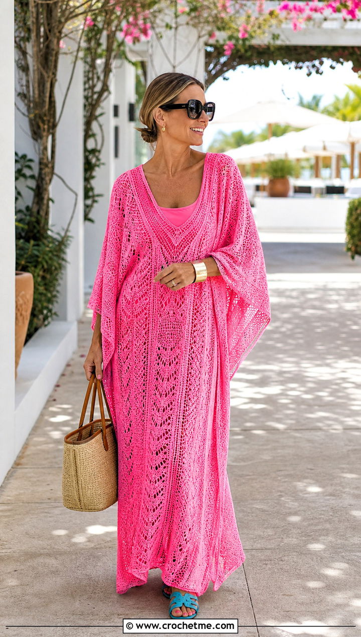 Flamingo Pink Crochet Caftan Maxi Dress With Flat Sandals - 35 crochet barbie dress outfit ideas