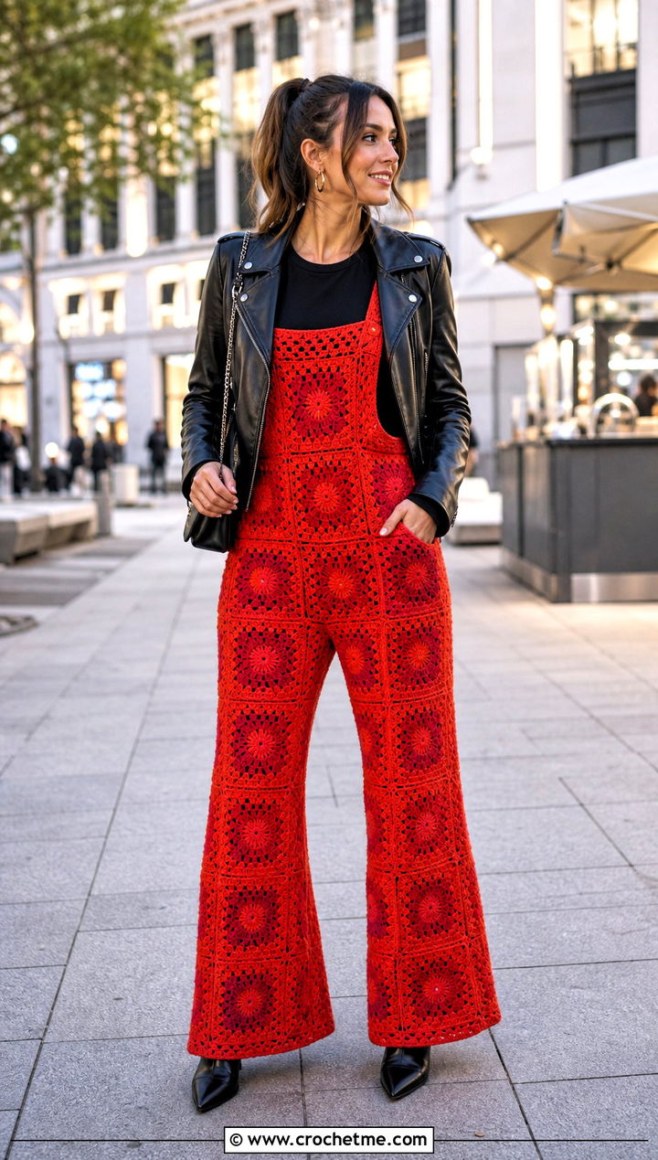 Flare Leg Granny Square Crochet Overalls With Leather Jacket - 20 Granny Square Crochet Overalls outfit ideas