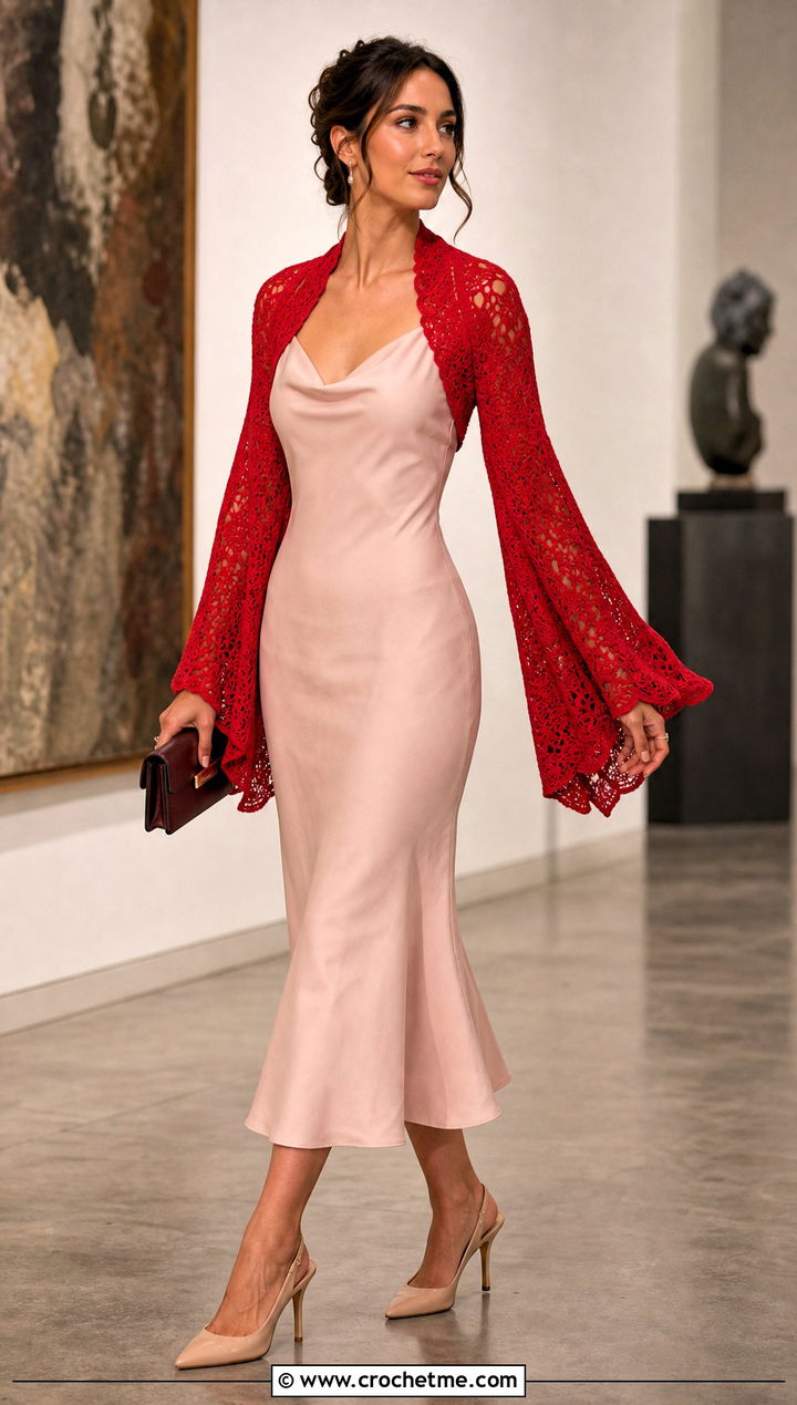 Flare Sleeve Crochet Bolero Shrug With Bias Midi Dress - 30 crochet sweater shrug outfit ideas