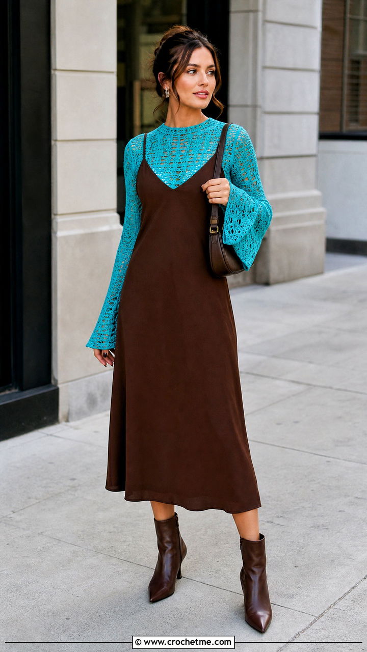 Flare Sleeve Crochet Long Sleeve Top With Slip Dress - 35 crochet long sleeve top outfit ideas
