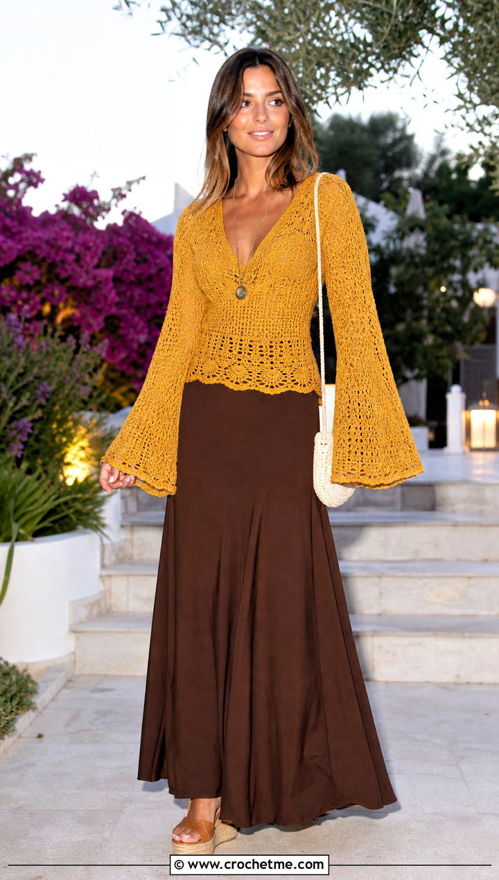 Flare Sleeve Crochet Top With Maxi Skirt - 25 Crochet Top Ideas With Sleeves