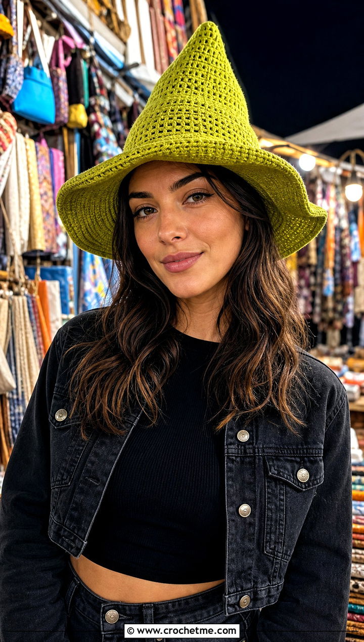 Flared Brim Pointed Crochet Hat With Black Denim Outfit - 25 pointy crochet hat outfit ideas
