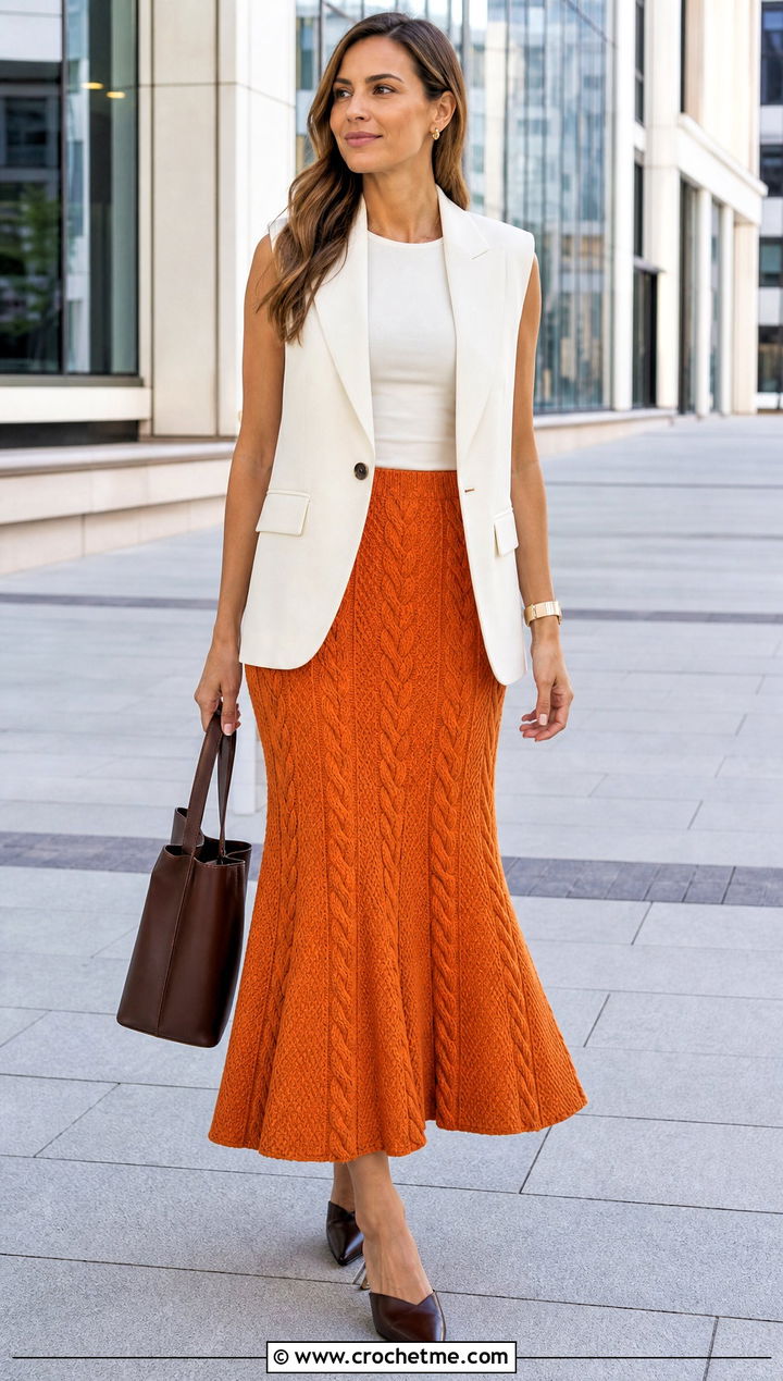 Flared Cable Skirt With Sleeveless Blazer - 15 crochet cable skirt outfit ideas
