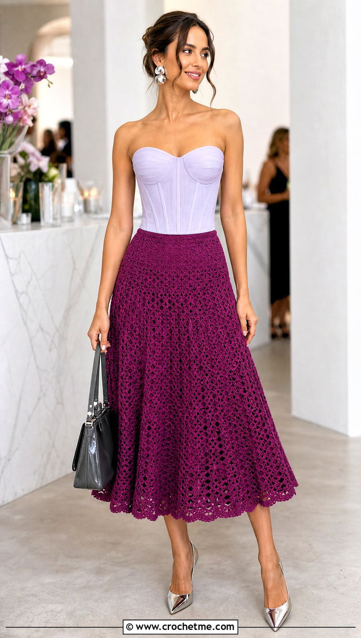 Flared Crochet Barbie Skirt With Corset Seam Top - 25 Crochet Barbie Skirt outfit ideas