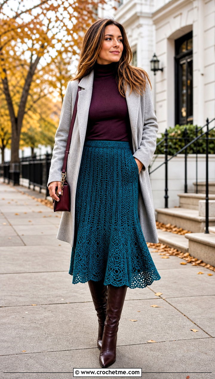 Flared Crochet Boho Midi Skirt With Turtleneck And Boots - 25 crochet boho skirt outfit ideas