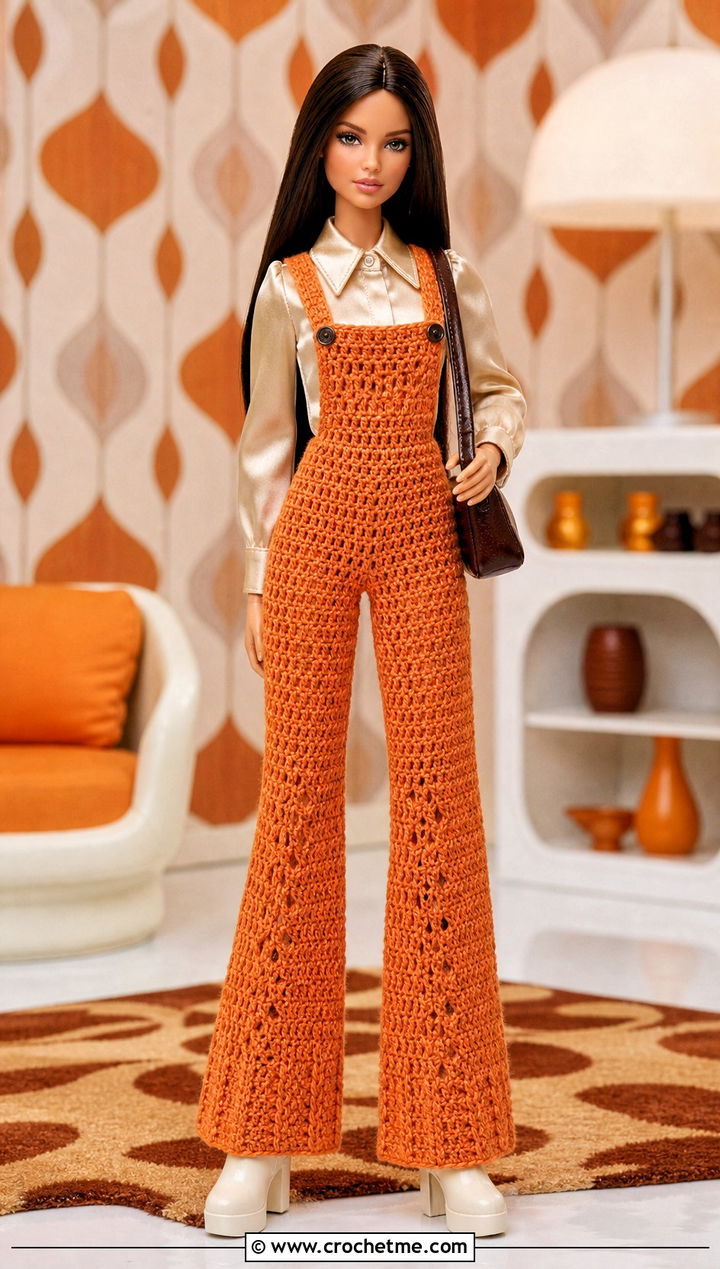 Flared Crochet Doll Overalls With Satin Blouse - 30 crochet doll overalls outfit ideas