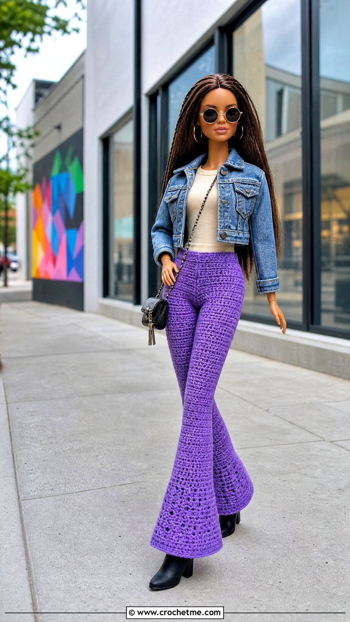Flared Crochet Doll Pants With Denim Jacket - 35 crochet doll pants outfit ideas