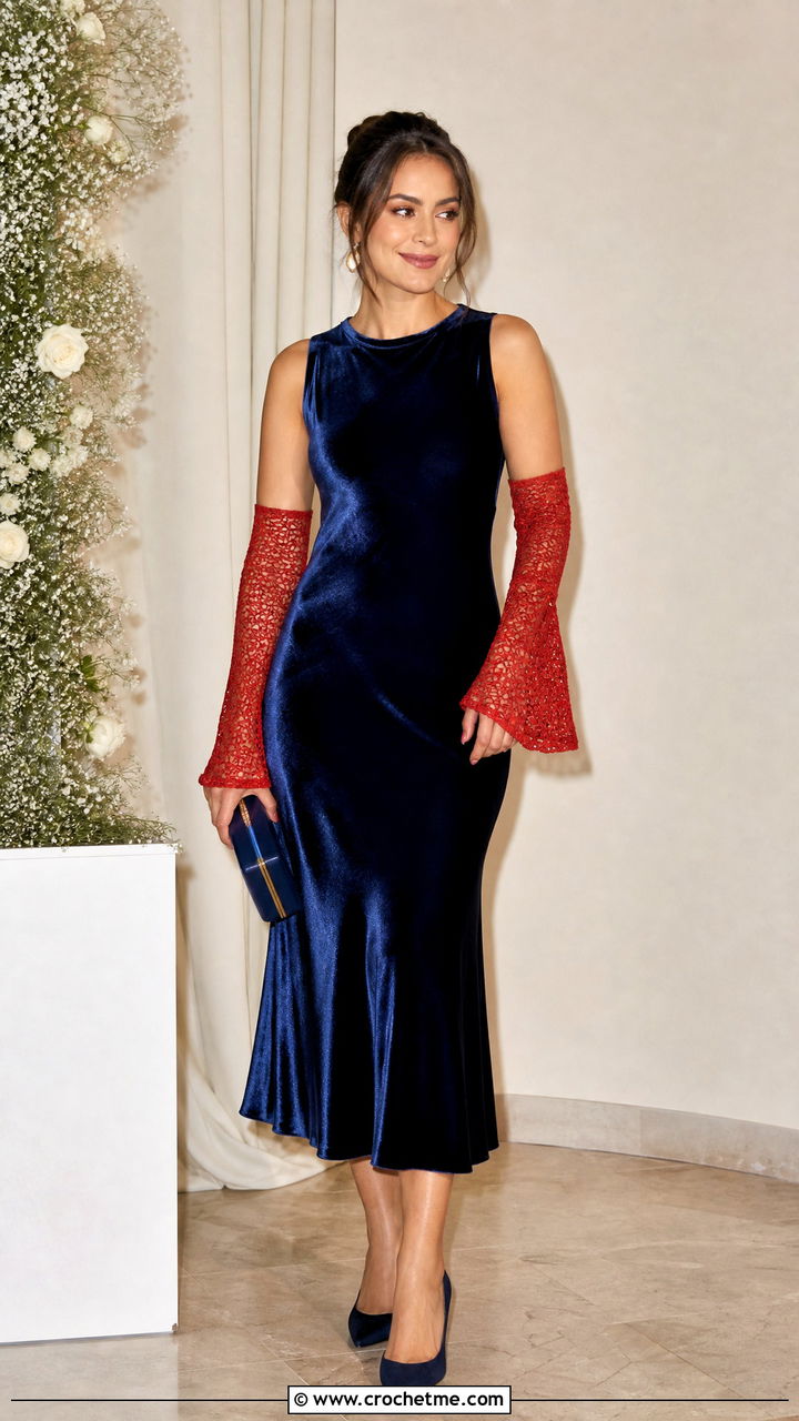 Flared Crochet Gauntlet Gloves With Velvet Midi Dress - 35 crochet fingerless gloves outfit ideas
