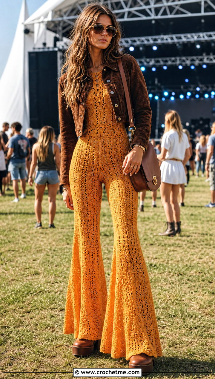 Flared Crochet Jumpsuit With Suede Jacket - 30 Women Crochet Jumpsuit outfit ideas