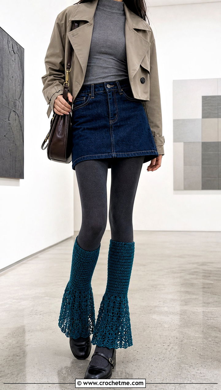 Flared Crochet Leg Warmers With Mini Skirt - 20 Chunky Yarn Crochet Leg Warmers outfit ideas