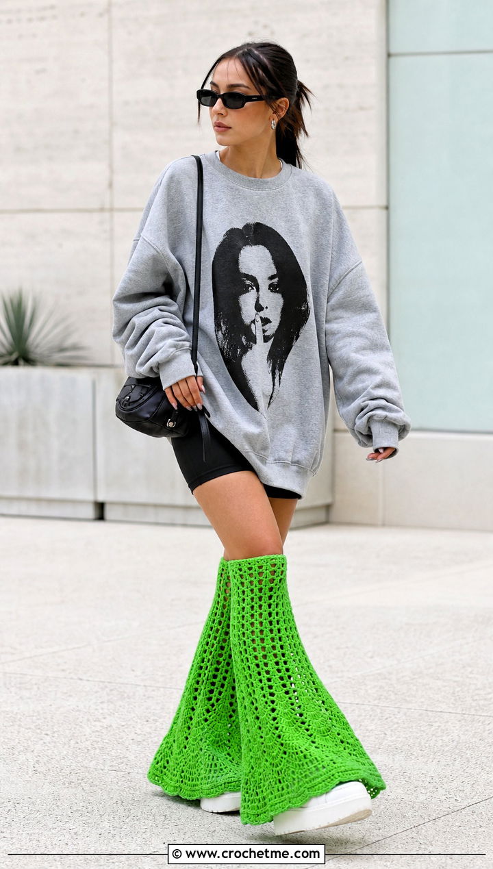Flared Crochet Leg Warmers With Platform Sneakers - 30 aesthetic crochet leg warmers outfit ideas