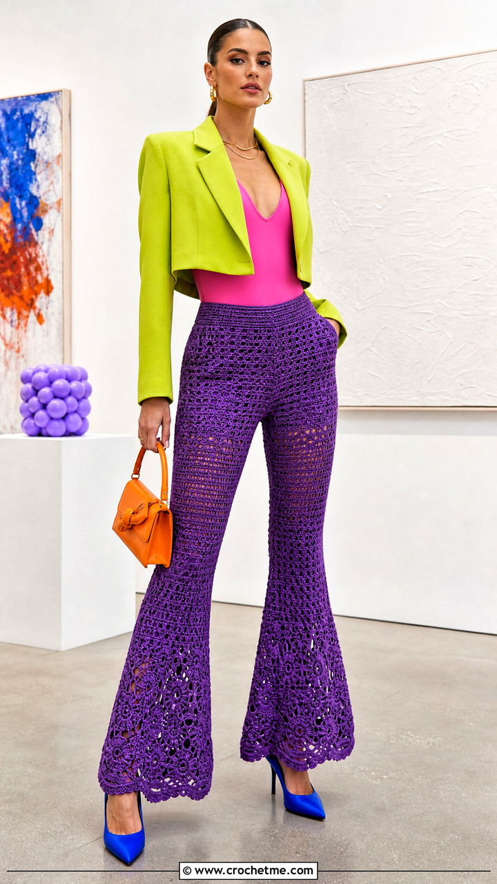 Flared Crochet Pants With Cropped Blazer - 35 crochet pants outfit ideas
