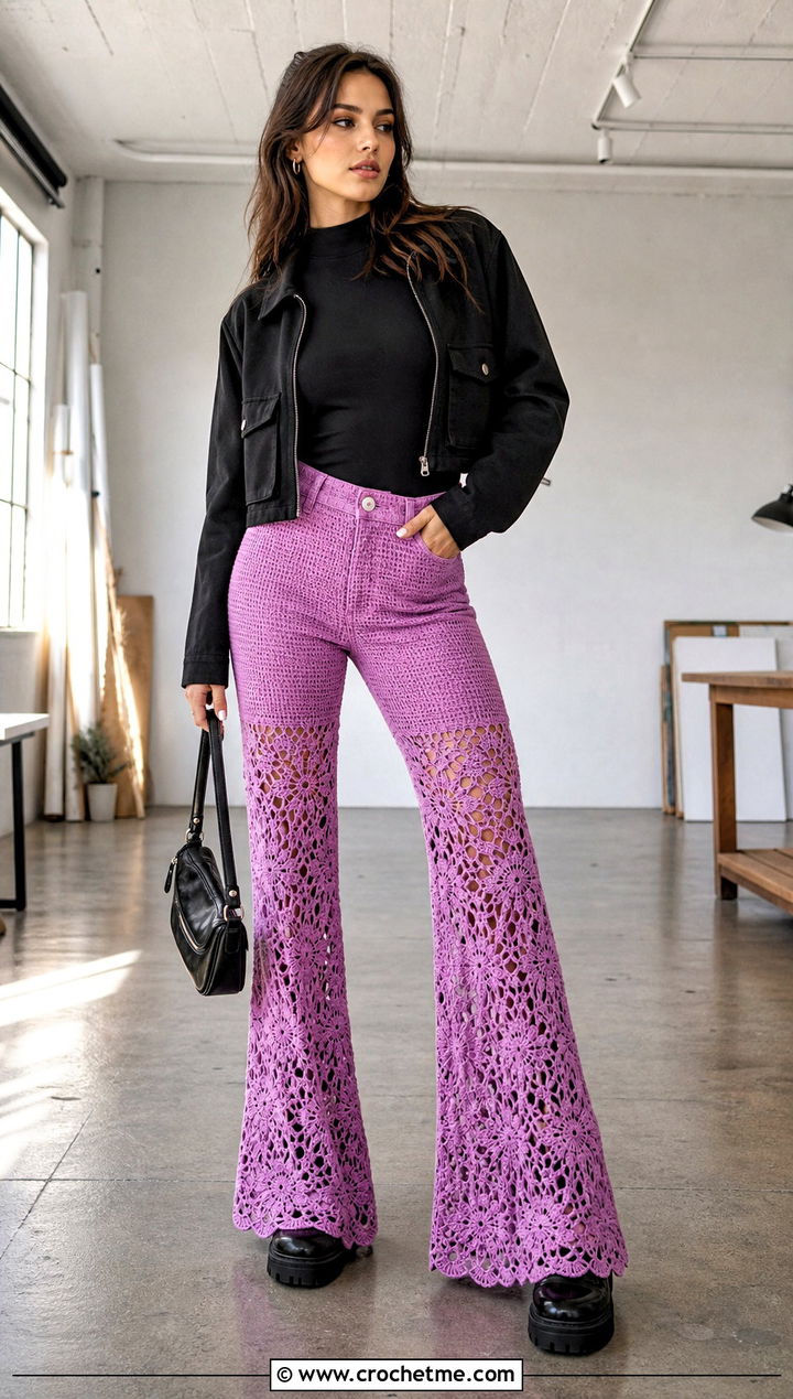 Flared Crochet Pants With Long Sleeve Bodysuit - 25 Fairy Core Crochet Outfits ideas