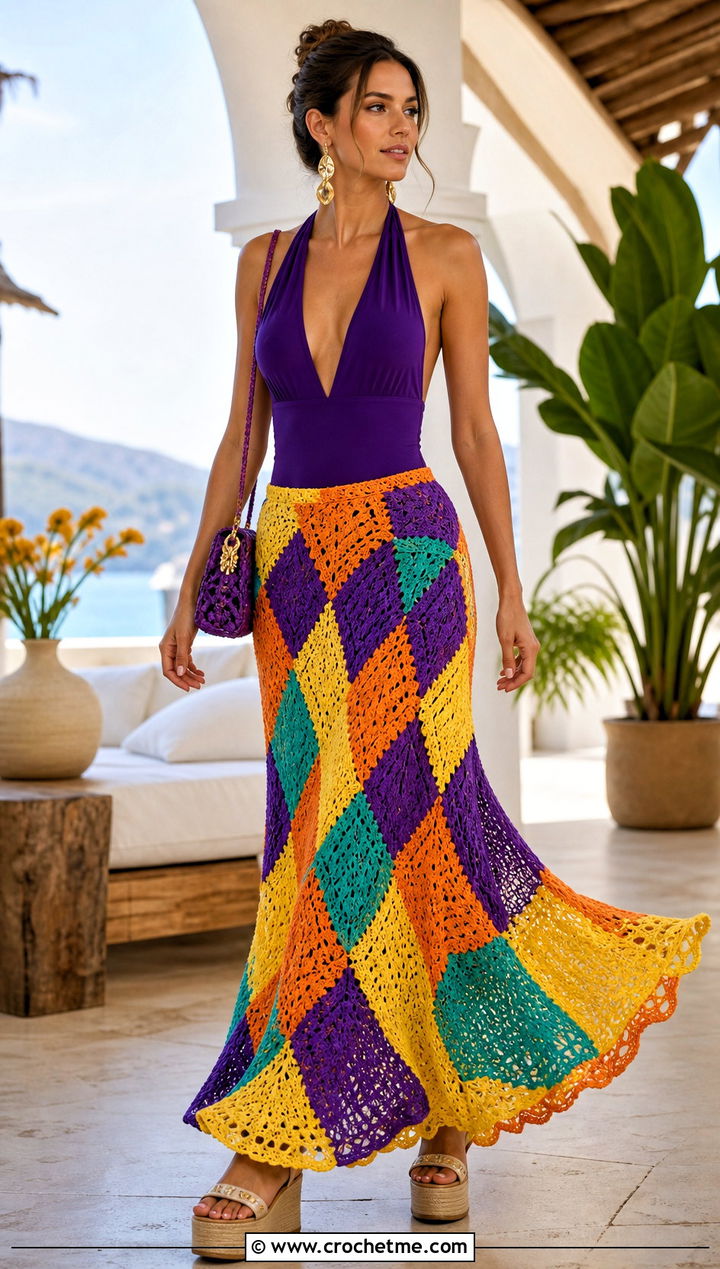 Flared Crochet Patchwork Maxi Skirt With Halter Top - 30 crochet patchwork skirt outfit ideas