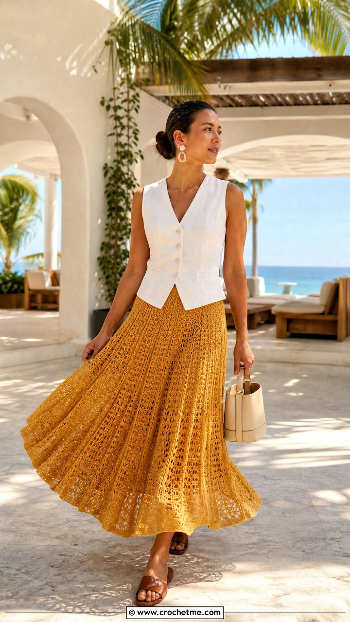 Flared Crochet Pleated Maxi Skirt With Linen Vest - 35 crochet pleated skirt outfit ideas