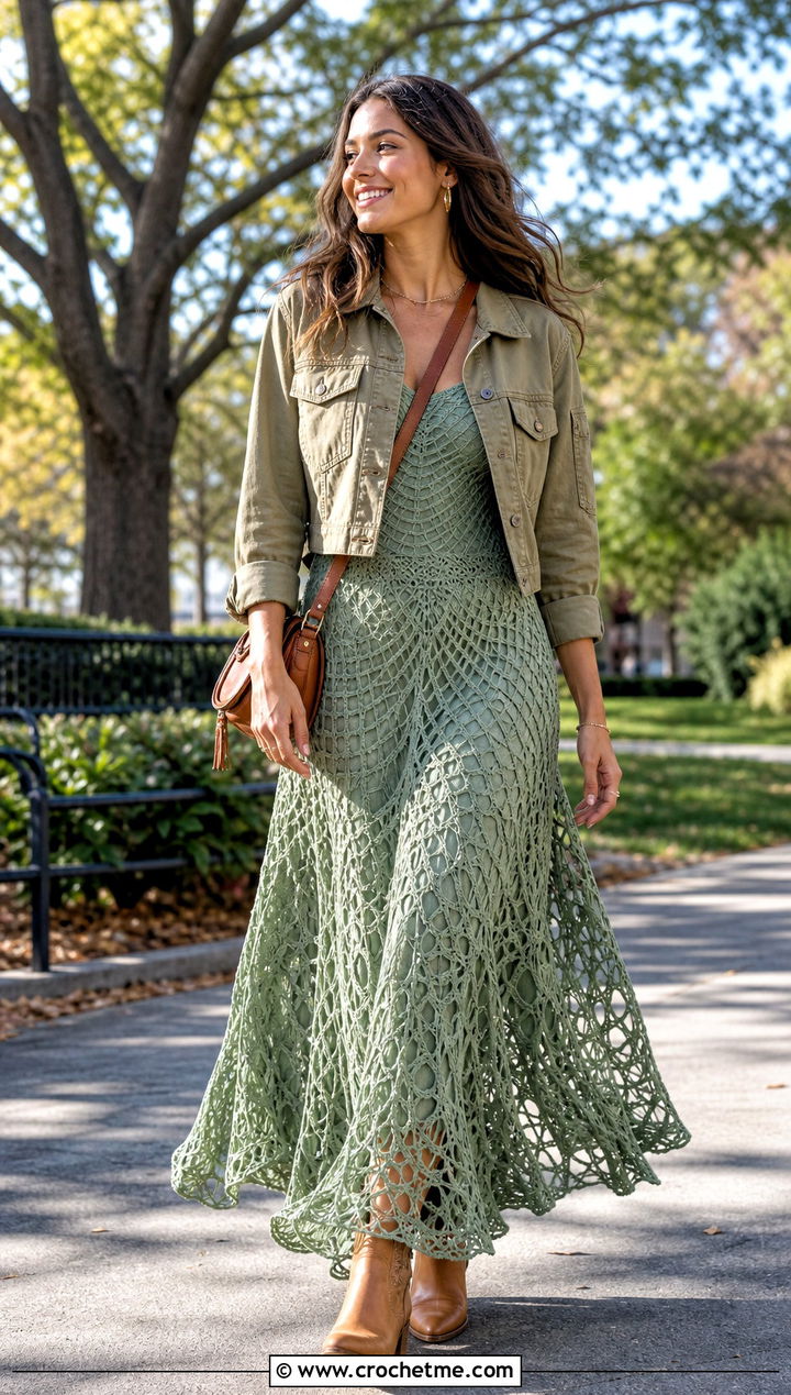 Flared Crochet Spider Web Maxi Dress With Utility Jacket - 30 crochet spider web dress outfit ideas