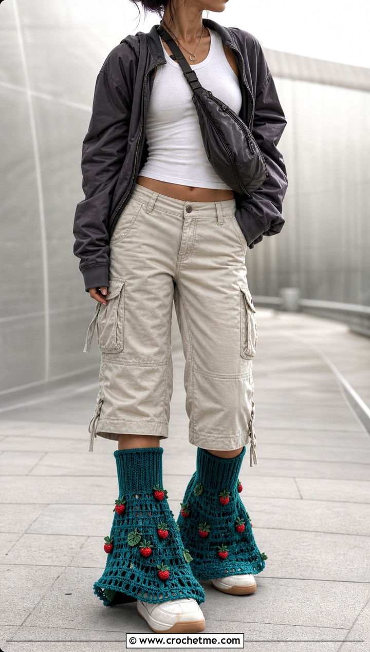 Flared Crochet Strawberry Leg Warmers With Cropped Cargo Pants - 15 Crochet Strawberry Leg Warmers outfit ideas