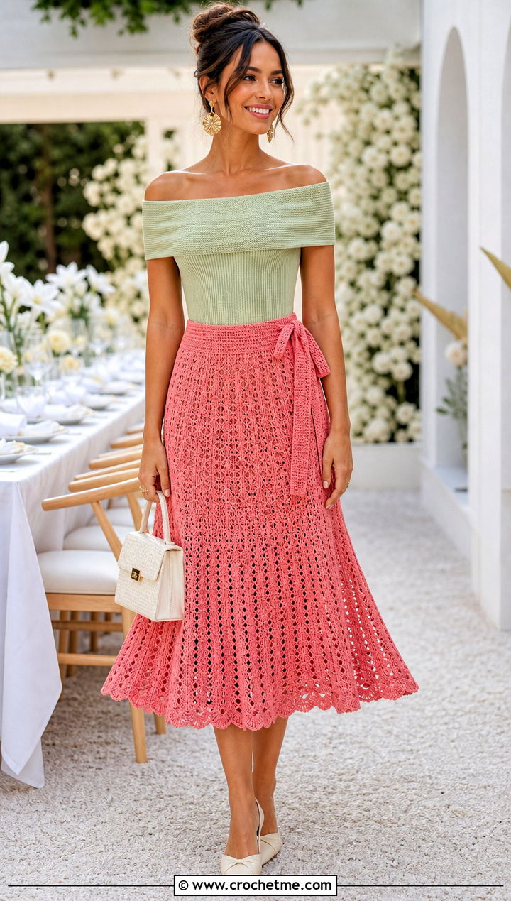 Flared Crochet Tie Skirt With Off Shoulder Knit Top - 30 crochet tie skirt outfit ideas