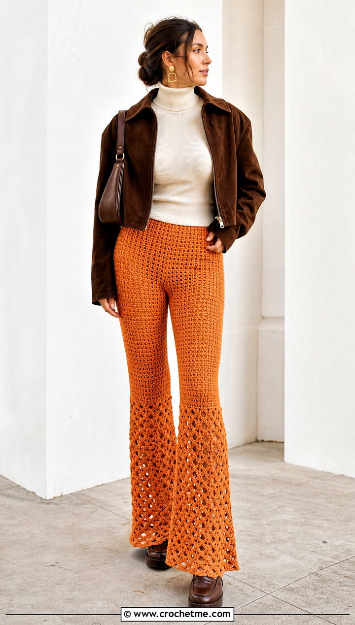 Flared Crocheted Leggings With Fitted Turtleneck And Platform Shoes - 20 Crocheted Leggings outfit ideas