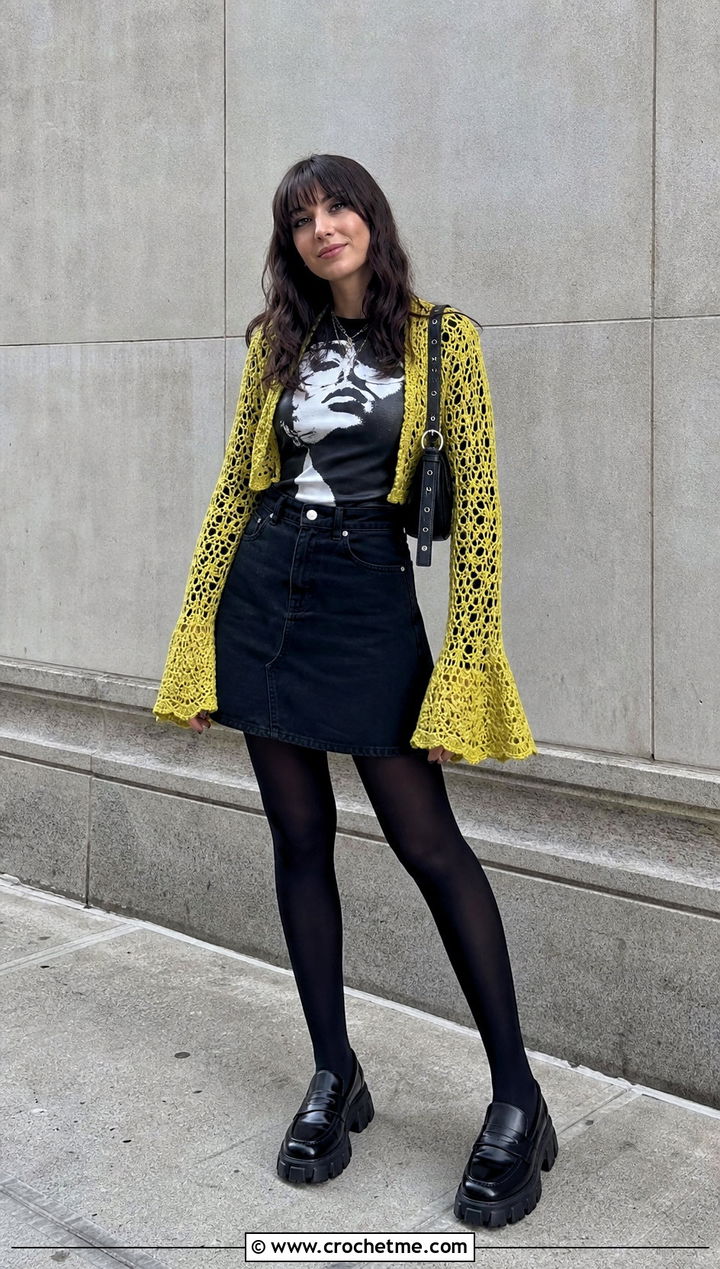 Flared Cuff Crochet Lace Shrug With Graphic Tee - 35 crochet lace shrug outfit ideas