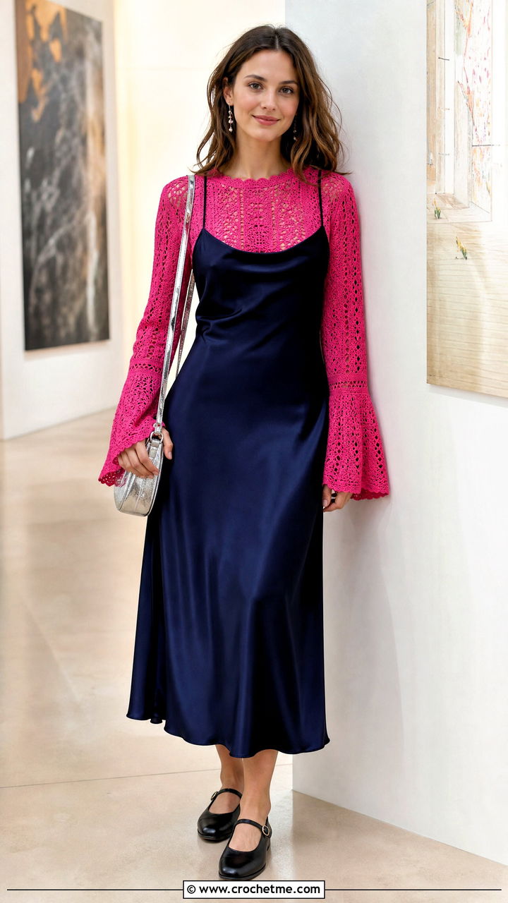 Flared Cuff Crochet Top Under A Slip Dress - 35 crochet full sleeve top outfit ideas