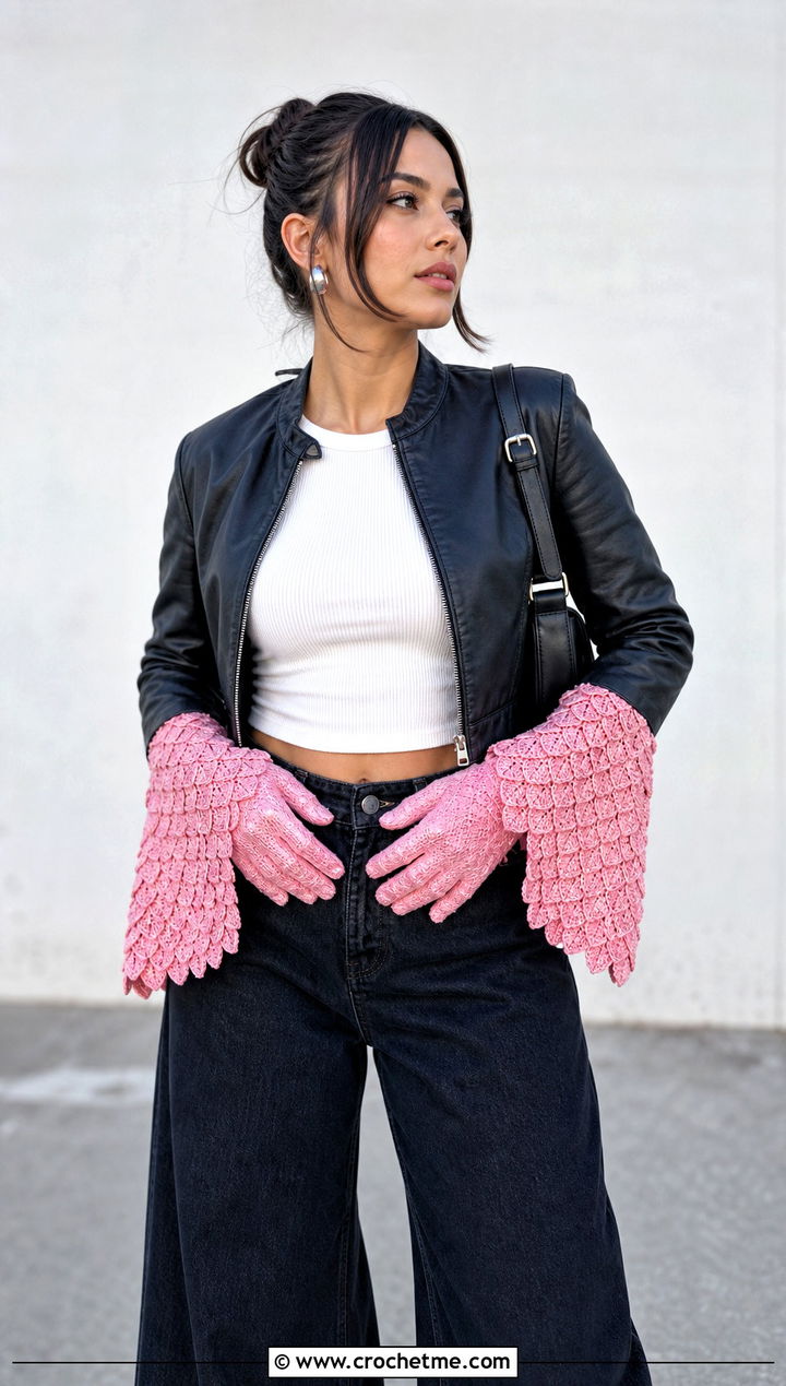 Flared Cuff Dragon Scale Gloves With Leather Jacket - 30 dragon scale crochet gloves outfit ideas