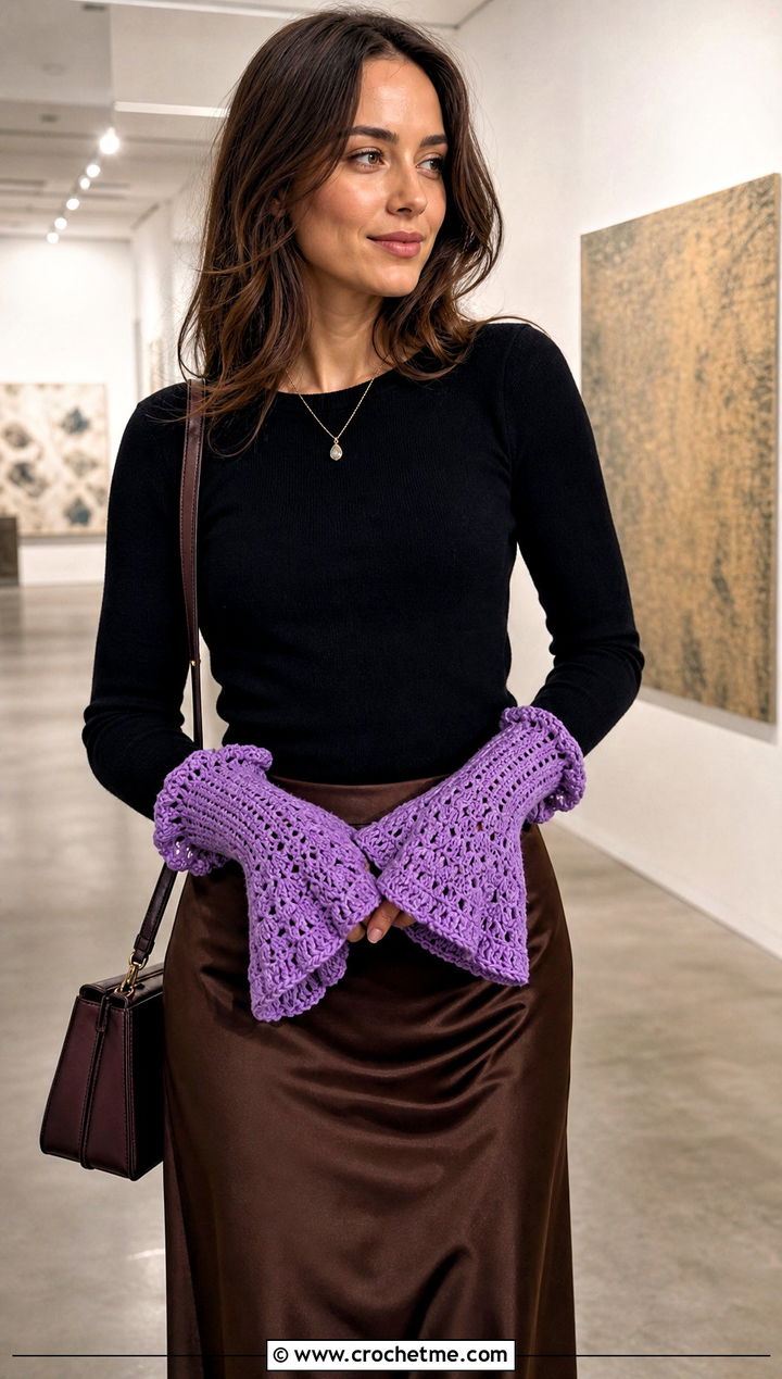 Flared Cuff Mushroom Gloves With Satin Skirt - 20 Crochet Mushroom Gloves outfit ideas